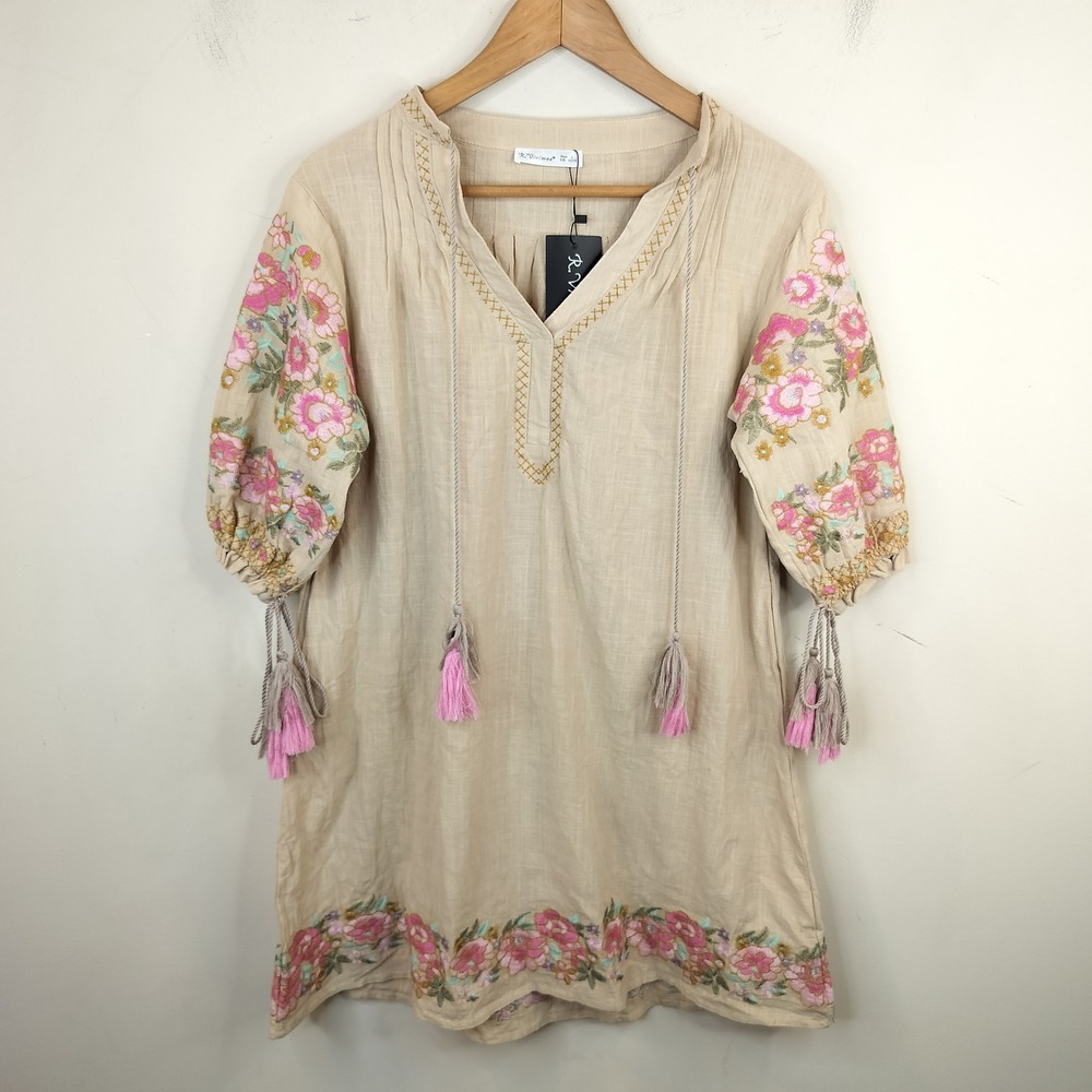 R.Vivimos Floral Embroidered Tunic Mini Dress Tasseled Large 12-14 Women's